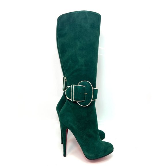 Christian Louboutin Shoes - Christian Louboutin Trotte Avec 120 Green Suede Buckle Heeled Boots 36.5
